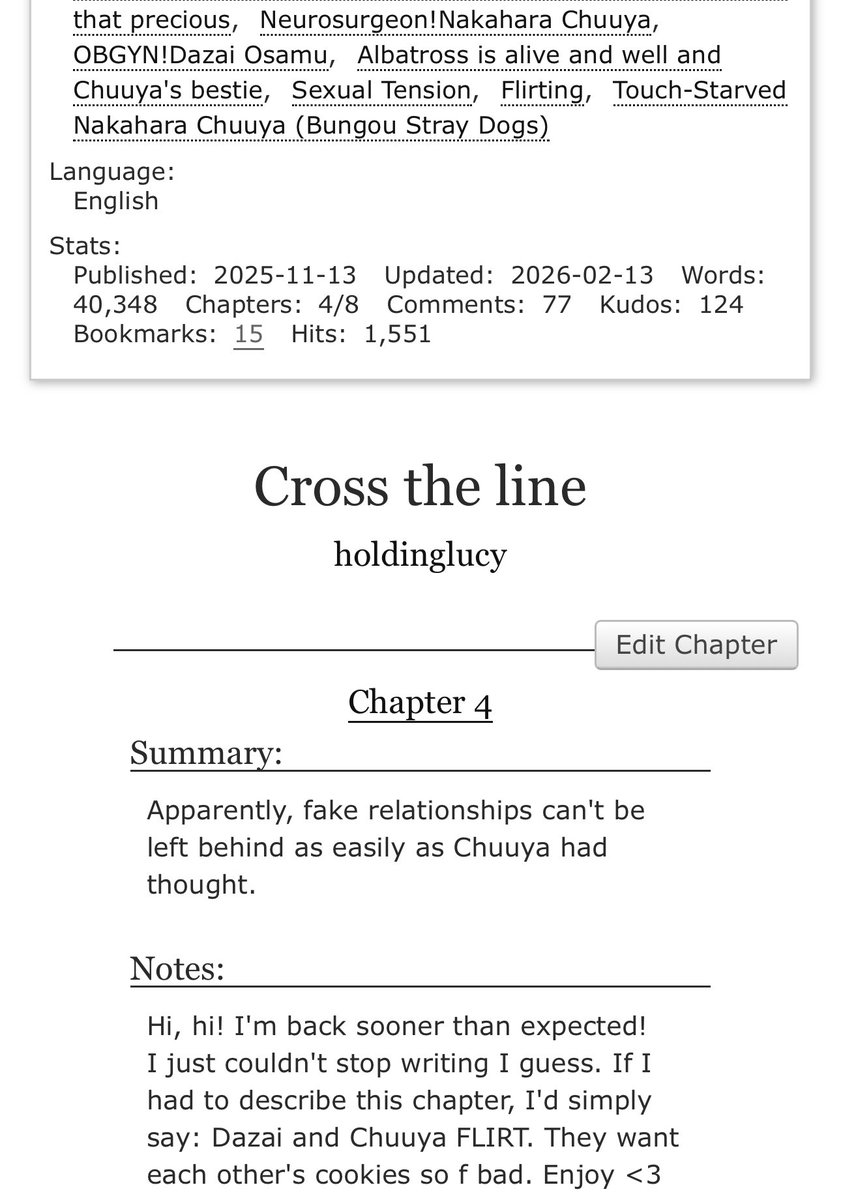 _holdinglucy's tweet photo. ✨🩺 CROSS THE LINE - CHAPTER FOUR 🩺✨
Chuuya discovers that going back to normal after (fake) dating one Dazai Osamu will not be as easy as he had hoped.
🔗 https://t.co/eNRSyA4PNp
#skk #soukoku #dachuu #bsdfic https://t.co/YdTyw6BqyP