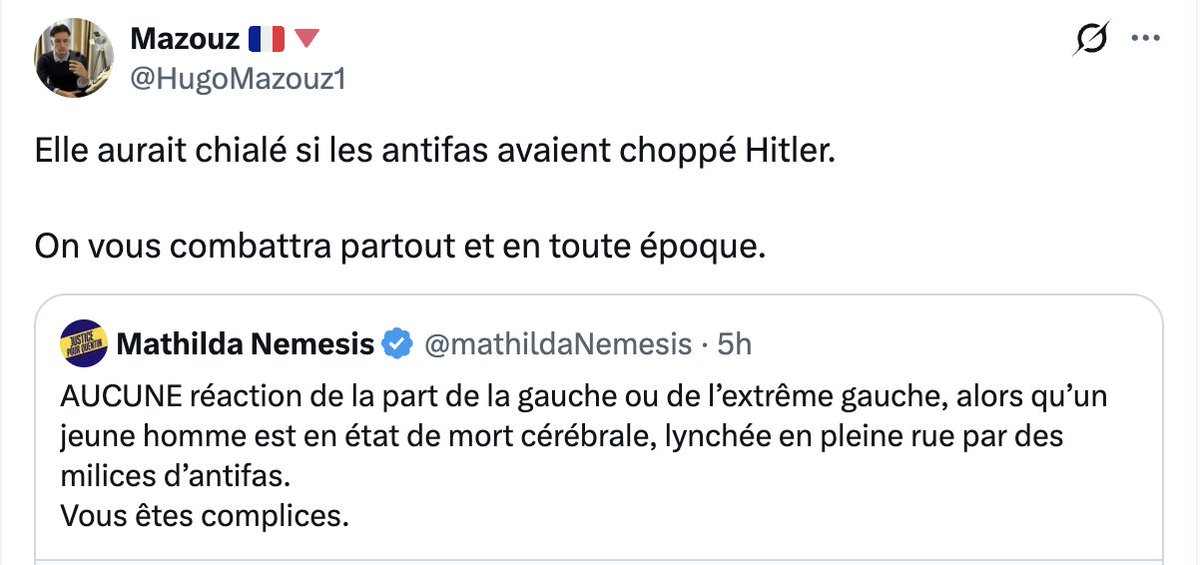 On peut au moins le remercier d’être assez con pour ne pas répéter les éléments de langage hypocrites et formatés de La France insoumise. Mais il incarne parfaitement cette « extrême gauche moyenne » : pour eux, si vous appartenez au « camp du mal » (une catégorie fourre-tout qui