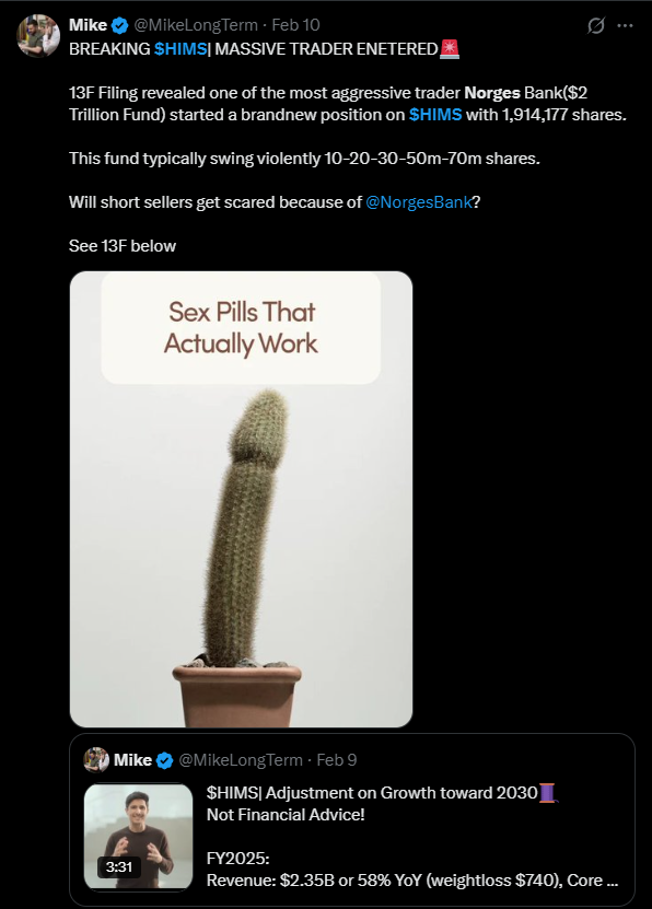 MikeLongTerm's tweet photo. $HIMS Short Sellers will LOSE BIG TIME 🚨🚨🚨

IF you or anyone think it is a good idea to short a company all the way to less than 2x P/S with nearly ~40% short float growing revenue 79% in the last 5 years, then you should not be shorting. 

Shorting is a very sophisticated strategy and many went bankrupt because of this. 

I'm not even gonna mention all the institutions that added. @NorgesBank alone can swallow 70%-80% float if they want to with 1 press. Norges bank is one of the largest and most violent institutional trader in the world and they caused many major short squeeze before. 

Do you really want to battle a $2 Trillion Fund? 

Your $5 Puts have a limited loss, but shorting shares has unlimited loss potential!

Yes, Norges bank was involved when running $PLTR up from sub $20 in early 2024 and took profit at near $200(more than 10x)

They are also involved now on $AMD for that monster H2 2026 violent rerating. 

They were also involved in $TSLA Violent covid rally. Norges bank also took part on that massive rally from December 2022 with 18.2m shares purchased, and added all the way to 35.7 m shares and took profit at the top of Dec 2024/Jan 2025 or more than 300% gain.

With $HIMS it would only take $2B-$3B to buy almost entire float. This is a dangerous game for short sellres. $3B is peanut for this Fund. Now we also have Blackrock, JMorgan, State Street, Citadel, UBS, Invesco adding big too. Playing against the world largest Funds is never a good idea. 

Norges Bank initiated a 1.9m shares on $HIMS in lastest 13F Filing

If $HIMS were trading at 50x-100x P/S, I would understand the idea of shorting after $NVO drama. 

Norges Bank gonna clap you. 

Not Financial Advice!