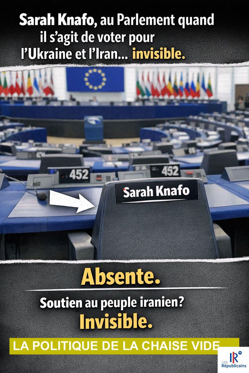 Payée par vos impôts pour siéger au Parlement européen, Sarah Knafo était :

❌ absente pour le vote sur les 90 milliards à l’Ukraine
❌ absente pour le soutien au peuple iranien

L’indignation sur les plateaux télé, c’est plus confortable que voter et faire son boulot