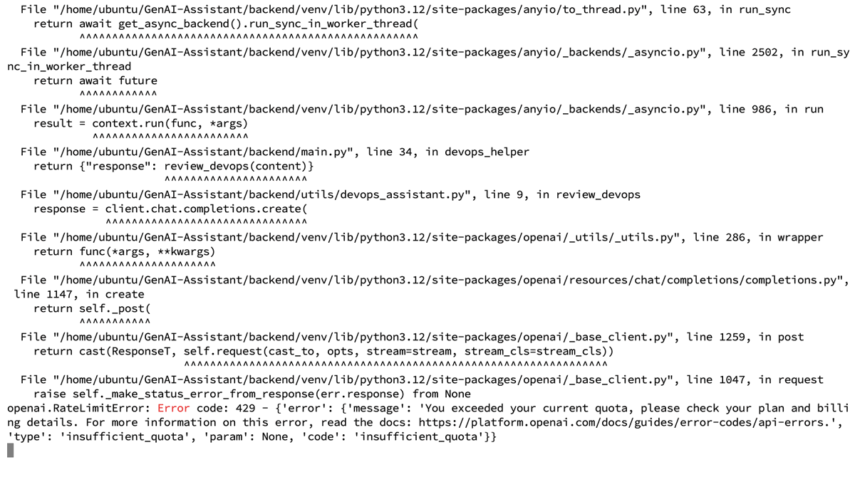 Snsbr2004Sabar's tweet photo. Building and Debugging a GPT-Powered DevOps Assistant
(I’ve got architecture, debugging, billing drama, and a bank-visit cliffhanger)

🚀 Deployed My GenAI-Assistant Project (Next.js + Python + GPT LLM)

Excited to share that I successfully deployed my GenAI-Assistant Project inside a Virtual Machine using a Python Virtual Environment (venv).

Big credits to @devopsshack  for the amazing lecture and source code guidance 🙌

🏗️ Project Architecture
This project consists of 3 main components:
    1️⃣ Frontend – Built using Next.js
    2️⃣ Backend – Built using Python (running inside a Virtual Environment)
    3️⃣ LLM Model – Powered by OpenAI GPT

🔁 User Request (or Query) Flow:
User → Frontend → Backend (Proxy) → LLM → Backend → Frontend → User

Simple. Clean. Scalable.

💡 Core Features
    1) Interview Bot Ask: "How should I prepare and present myself for a DevOps interview?" → Get structured, practical guidance instantly.
    2) Code Explainer Paste your code → Get detailed explanations with real-world scenarios.
    3) DevOps Assistant Stuck on a DevOps issue? Ask anything related to CI/CD, Docker, Kubernetes, Cloud, etc.

The real magic happens in the PROMPT engineering layer — where we define:
"You're a DevOps Expert. Explain this code in detail with examples and real-world scenarios."

That instruction drives the intelligence behind every response 🧠.

🚀 Deployment Details
    i) Frontend & Backend running in the same VM (different sessions)
    ii) Backend inside Python VENV
    iii) Frontend using npm
    iv) Accessed via Public IP on port 3000
    v) Ports used: 22 SSH, 3000 Frontend, 8000 Backend
Deployment was successful. Multiple times.

But…
It seems like : Everything is fine. And not in Reality.

🎯 The Real Twist
Whenever I asked a query — I kept getting errors.
At first, I thought:
     a) Maybe wrong implementation?
    b) Maybe missed a configuration?
    c) Maybe API routing issue?
After digging deep into frontend & backend logs…

I found the real culprit:
    👉 OpenAI Free API usage limit expired.

    1) No popup ⛔️.
    2) No obvious warning during API key creation ⛔️.
    3) The issue was hidden in the Billing Dashboard ⛔️.
Classic production lesson: Not every failure is a code failure 🫡.

Basically, In all the Components where I've used the OpenAI API_KEY : I got the same response back. (Linkedln Post URL provided for more details)

💳 The Unexpected DevOps Challenge
Tried adding billing details.
    i) Plot twist: My debit card wasn’t enabled for international transactions 😅
    ii) Tried enabling it. Called customer care. Still "Unable to authenticate payment method".
    iii) Final solution? Visit bank branch.

Sometimes debugging and Troubleshooting happens in banking systems too 😂😅🙂

🧠 Key Lessons
    a) Always check logs before assuming 👨🏻💻.
    b) Monitor API usage & billing 😳.
    c) Deployment success ≠ Functional success 🤓.
    d) DevOps is not just tech — it’s systems thinking 🧠.

🚀 Once billing is sorted, the "Gen-AI Assistant" is fully production-ready 🤩 .

Special thanks again to @devopsshack  for the Amazing Lecture and Source Code 🙏.
Lecture : https://t.co/Z6gpxbKfqp
GitHub : https://t.co/2cNeM0Mb3w

See you in the next build. Thanks for your time...

#GenAI #DevOps #OpenAI #NextJS #Python #LLM #LearningInPublic