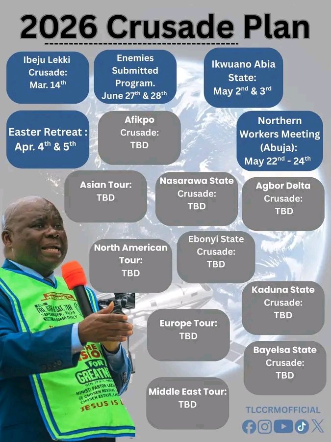 2026 Crusade Plan.

The Crusade Plan for 2026. Stay tuned for more updates.

#PstLazarusMuoka 
#tlccrmofficial 
#chosen 
#christianity 
#girlshostel 
#Alaafin