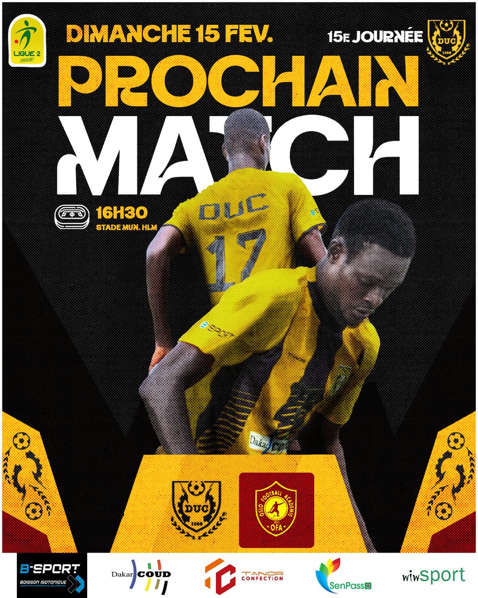 ducfoot's tweet image. Notre prochain rendez-vous en championnat 🟡⚫️

⚔️ DUC 🆚️ OSLO FA
🗓 16es journée Ligue 2
📆 Dimanche 15 février 2026 | 17H00
🏟 Stade Municipal des HLM

#DUC #COUD #UCAD #LSFP #LIGUE2SN
