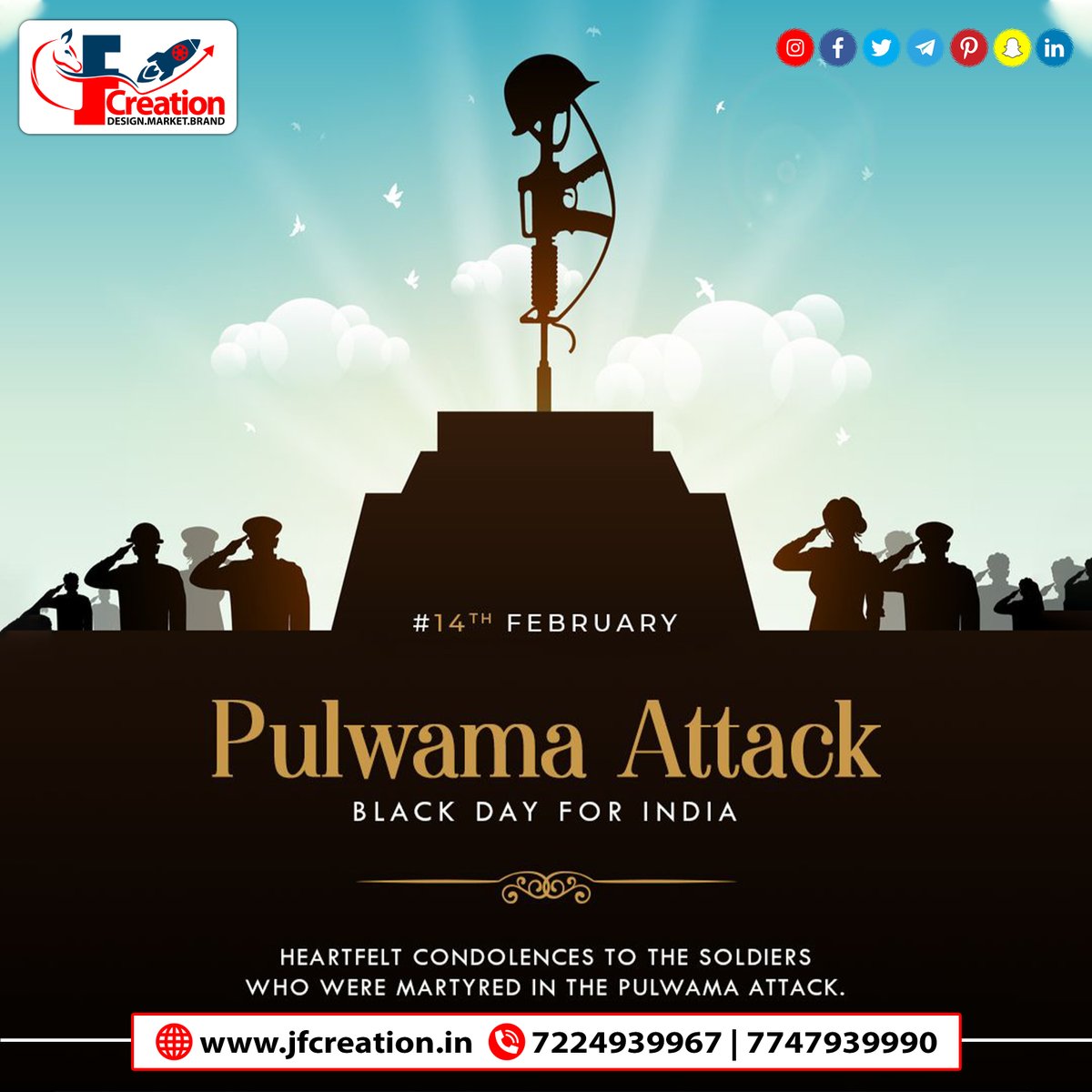 jf_creation's tweet photo. Pulwama Attack
BLACK DAY FOR INDIA
HEARTFELT CONDOLENCES TO THE SOLDIERS WHO WERE MARTYRED IN THE PULWAMA ATTACK.
#jreation #JFC #jatfilmscreation #JF_Creation #BLACKDAYOFINDIA #BlackDayForIndia #PulwamaAttack #Pulwama #PulwamaTerrorAttack #socialmediamarketing #digitalmarketing https://t.co/NnFN419TaL