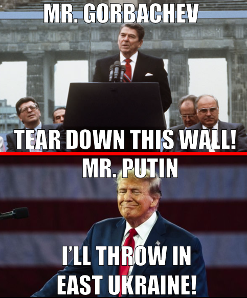 MarshallLocke's tweet image. Ronald Reagan facilitated the fall of the Berlin Wall, the demise of the Soviet Union, and freedom for millions.

Trump admires Putin, called Putin's aggression against Ukraine "brilliant" and "savvy" and is coercing a false peace on Ukraine w/terms favorable to Putin.