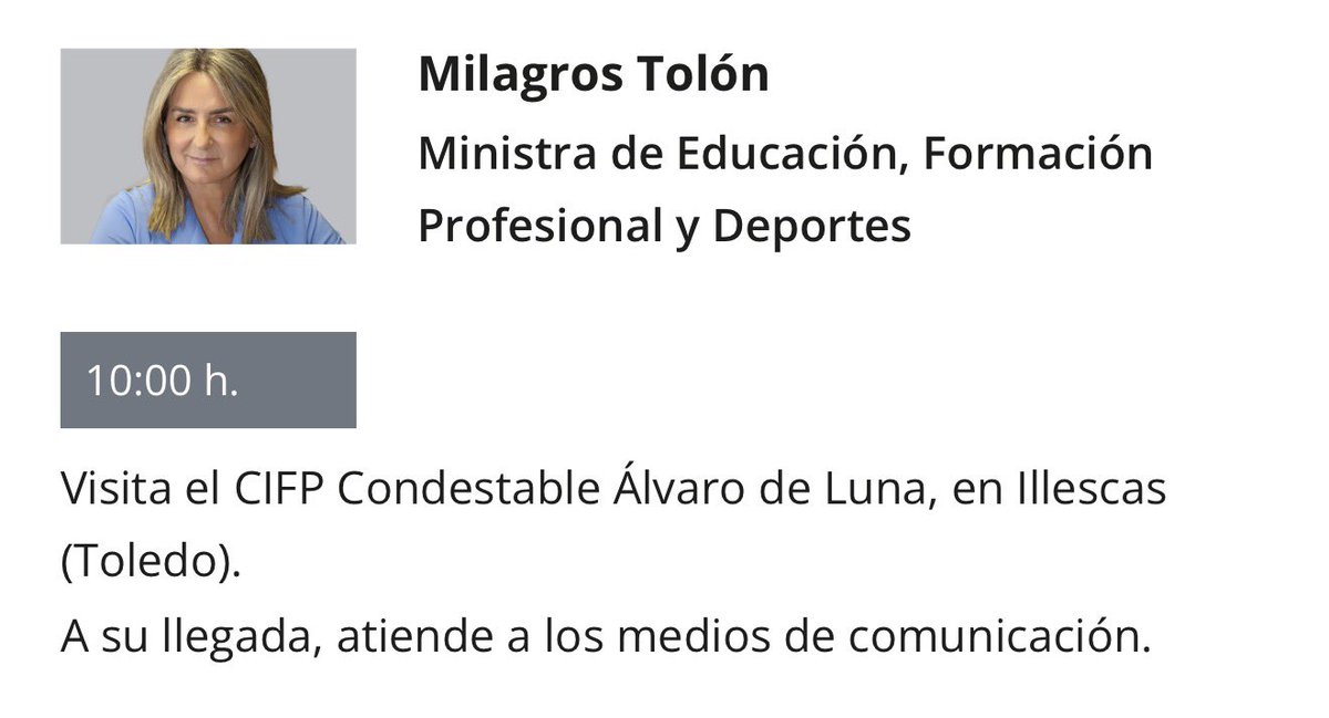 Viernes. Llega el fin de semana.

¿Queréis saber para qué han aprovechado el tiempo nuestros ministros y a qué lugares han viajado usando medios públicos? 

Pues vamos a ello.

Milagros Tolón. De Toledo.

Visita a primera hora un lugar en Toledo y ya no tiene más agenda.