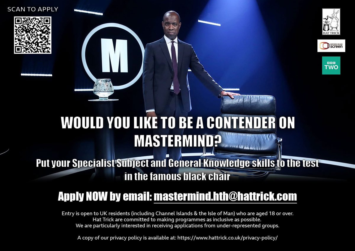 🟡 #BEONSCREEN 🟡

Would you, or someone you know, like to put your #SpecialistSubject skills and #generalknowledge to the test in the iconic #Mastermind chair? 🪑

📧 Mastermind.hth@hattrick.com

Tag, share and tell your friends 👇

#casting #tvcasting #quizshow #thecastingcrew