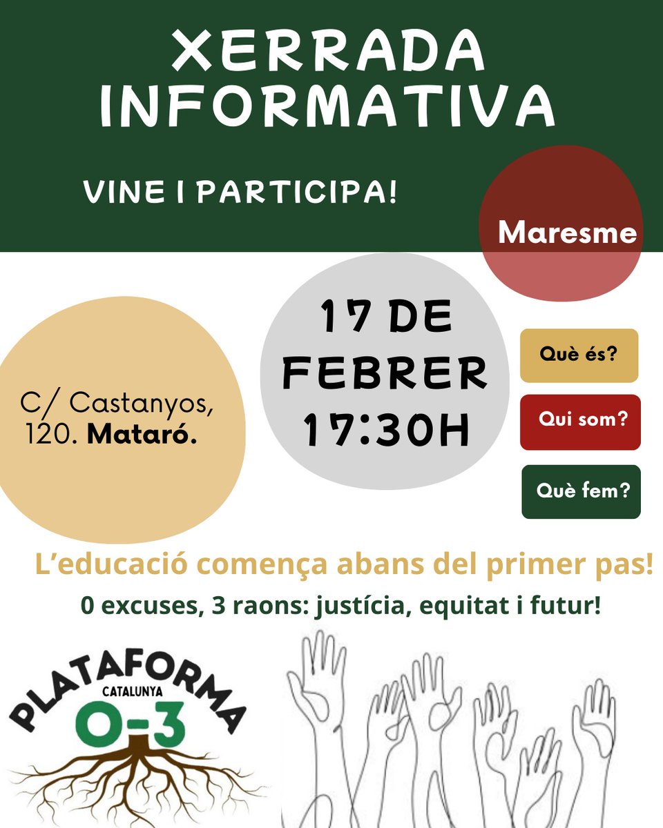 Dimarts 17 estarem parlant de la Plataforma 0-3 a Mataró. Vine a dir la teva!!!! I agenda que el el 14 de març farem una manifestació en defensa del 0-3!!!!!