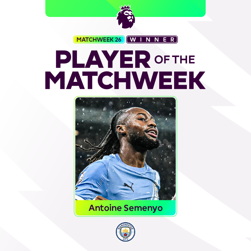 premierleague's tweet photo. Antoine Semenyo, star of the show in @ManCity's win against Fulham ✨

He has been voted by fans as Player of the Matchweek!