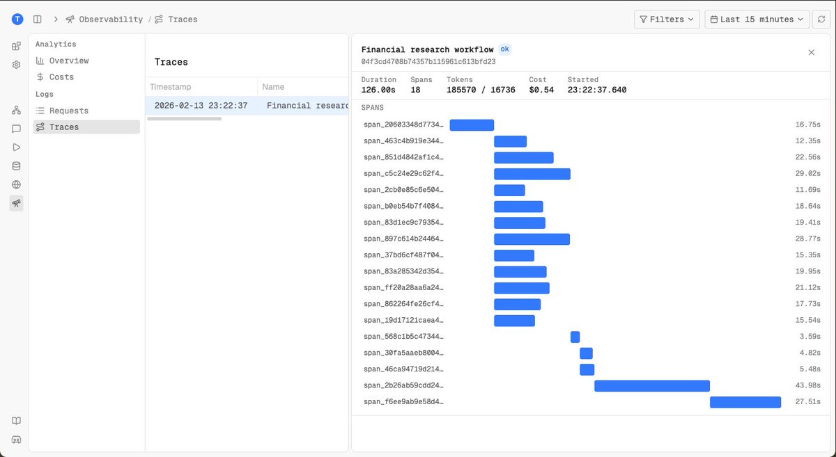 Ran the Financial research workflow agent from openai agents examples along with <a href="/llmops_build/">LLMOps</a> to test the traces feature. I must say it is coming along well.
github.com/openai/openai-…