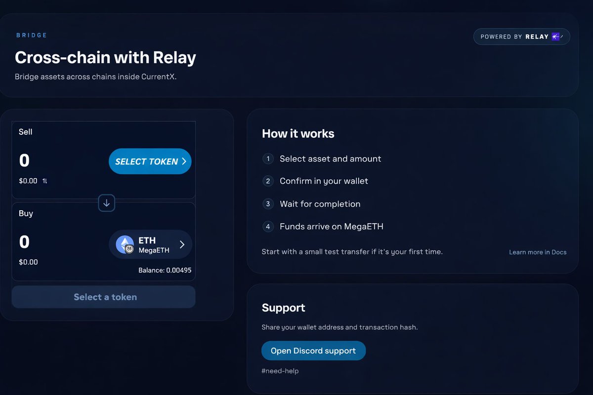 Shipped: in-app bridge on CurrentX.  Ethereum ⇄ MegaETH via Relay’s official widget, bridge in the same UI, then go straight to swaps or LP.  currentx.app/bridge
<a href="/RelayProtocol/">Relay</a>