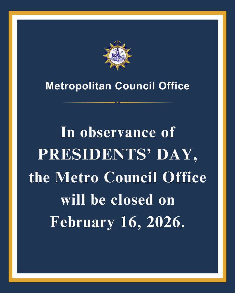 In observance of Presidents' Day, the Metro Council Office will be closed on Monday, February 16, 2026.