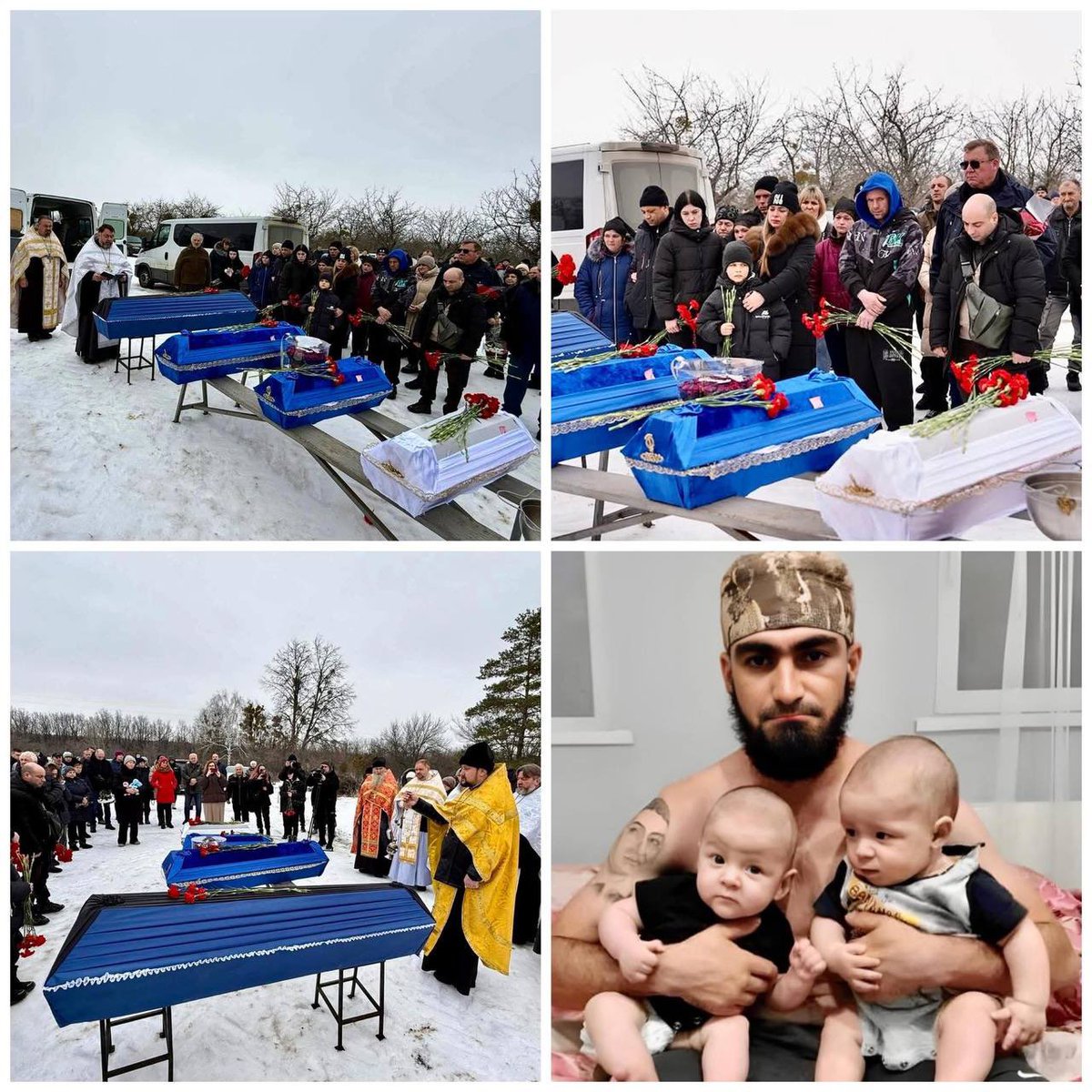 🇺🇦💔 Four coffins. A father and his three children.

Today, in the Kharkiv region, people bid farewell to Hryhorii Shykula and his three children — two-year-old Ivanko and Vladyk, and one-year-old Myroslava — who were killed as a result of a Russian strike on Bohodukhiv on