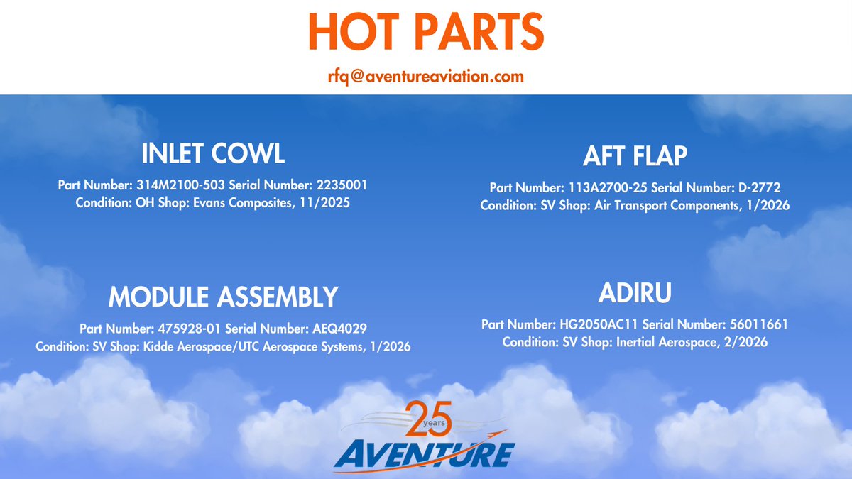 AventureAviator's tweet photo. 🚨Check out Aventure's Parts of the Week!🚨

Reach out to us by checking out our website https://t.co/THTw7KfeCA or checking out the link in our bio🔗 https://t.co/bEwBkT9INJ