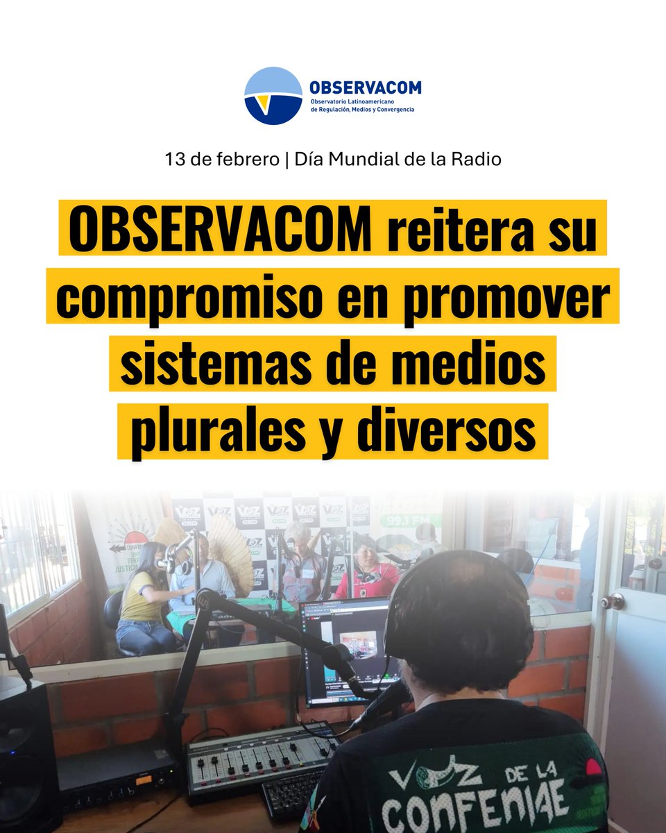 En el #DíaMundialDeLaRadio recordamos que no hay libertad de expresión ni democracia sin diversidad de voces.

Esto implica el reconocimiento de medios públicos, privados, comunitarios e indígenas, limitar la concentración indebida y contar con reguladores independientes.