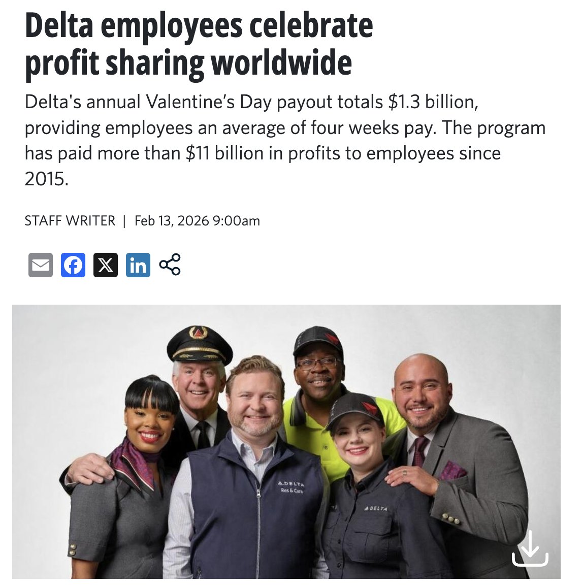 Delta $DAL announced today that it will pay its employees $1.3 billion in profit sharing for 2025

This represents ~8.9% of their eligible annual earnings, or more than four weeks of extra pay on average