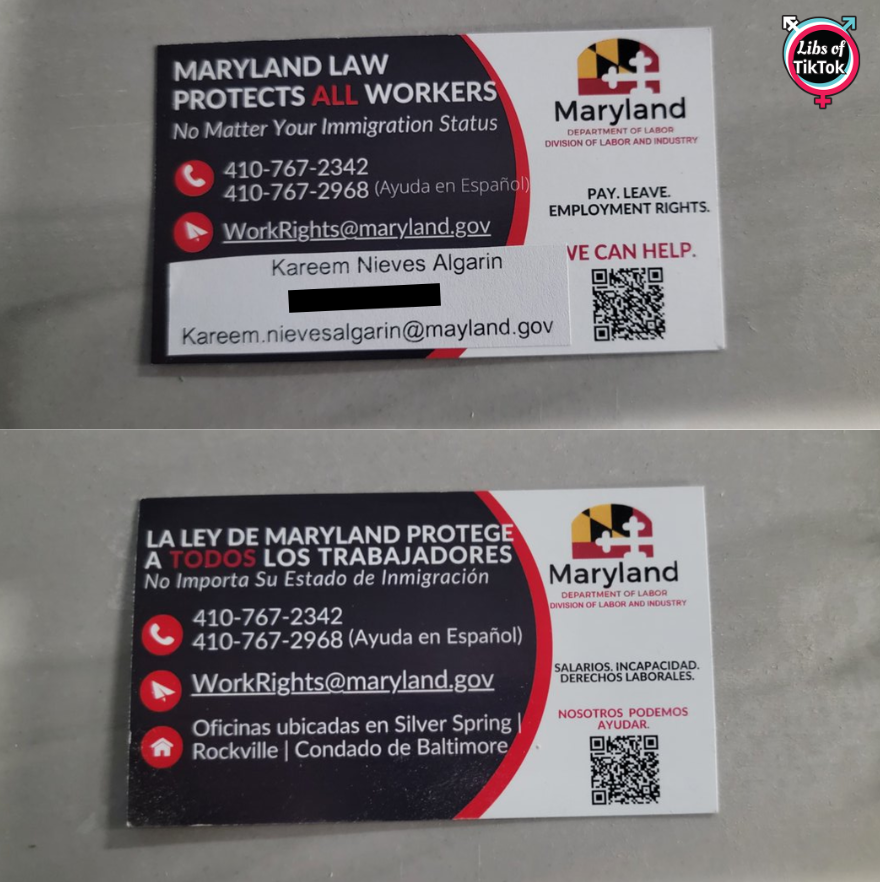 🚨OMG. Employees from the Maryland Department of Labor (<a href="/MD_Labor/">MD Department of Labor</a>) are reportedly handing out business cards claiming they will "PROTECT ALL WORKERS, no matter your immigration status."

This appears to be in direct violation of the Immigration Reform and Control Act of 1986,