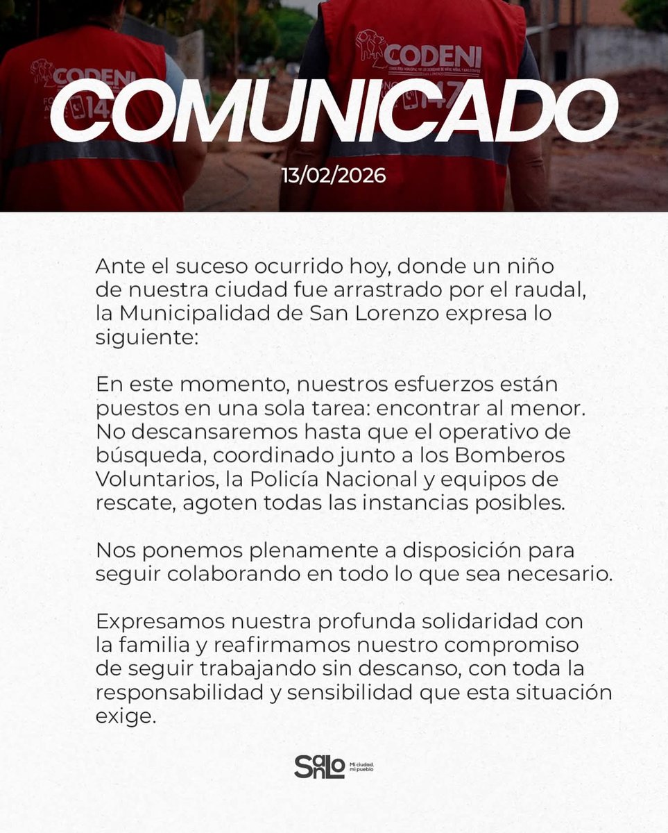 📢 La municipalidad de San Lorenzo realizó el siguiente comunicado, referente al suceso del menor desaparecido durante la lluvia de este mañana.

Canal de WhatsApp SanlorenzoPy: whatsapp.com/channel/0029Va…