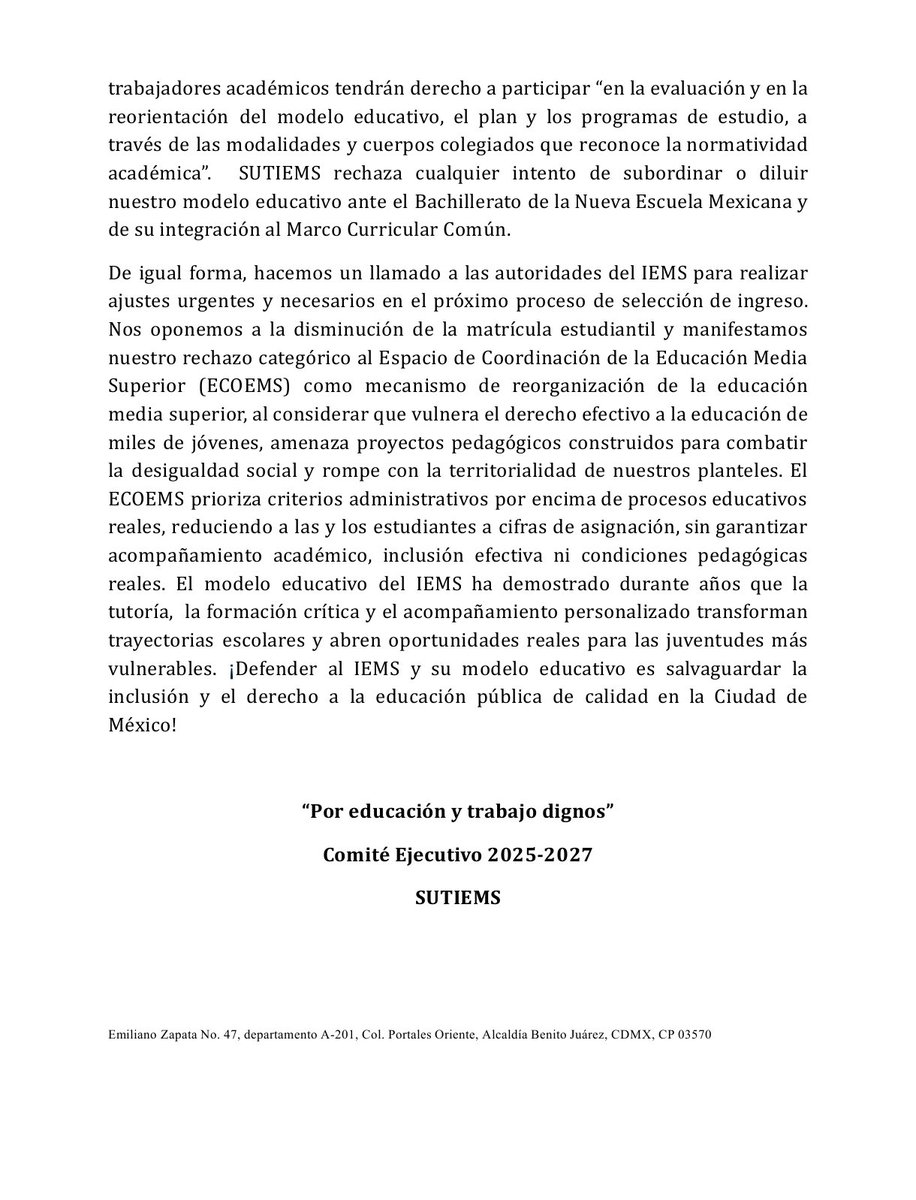 75miguelA's tweet photo. Postura del @SutiemsOrg ante el #ECOEMS no a la disminución de la matrícula en @IEMS_CDMX
Por la Defensa del #IEMS y el modelo educativo, por la inclusión y derecho a la educación en la #CDMX
Por la defensa del CCT
#SECTEI
@ClaraBrugadaM @Pabl0MoctezumaB @mario_delgado
@SEP_mx https://t.co/PEDPOlDfeE