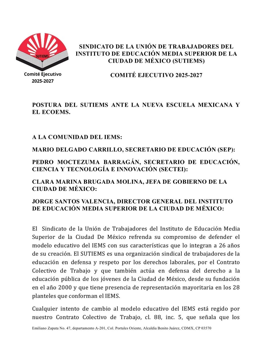 75miguelA's tweet photo. Postura del @SutiemsOrg ante el #ECOEMS no a la disminución de la matrícula en @IEMS_CDMX
Por la Defensa del #IEMS y el modelo educativo, por la inclusión y derecho a la educación en la #CDMX
Por la defensa del CCT
#SECTEI
@ClaraBrugadaM @Pabl0MoctezumaB @mario_delgado
@SEP_mx https://t.co/PEDPOlDfeE