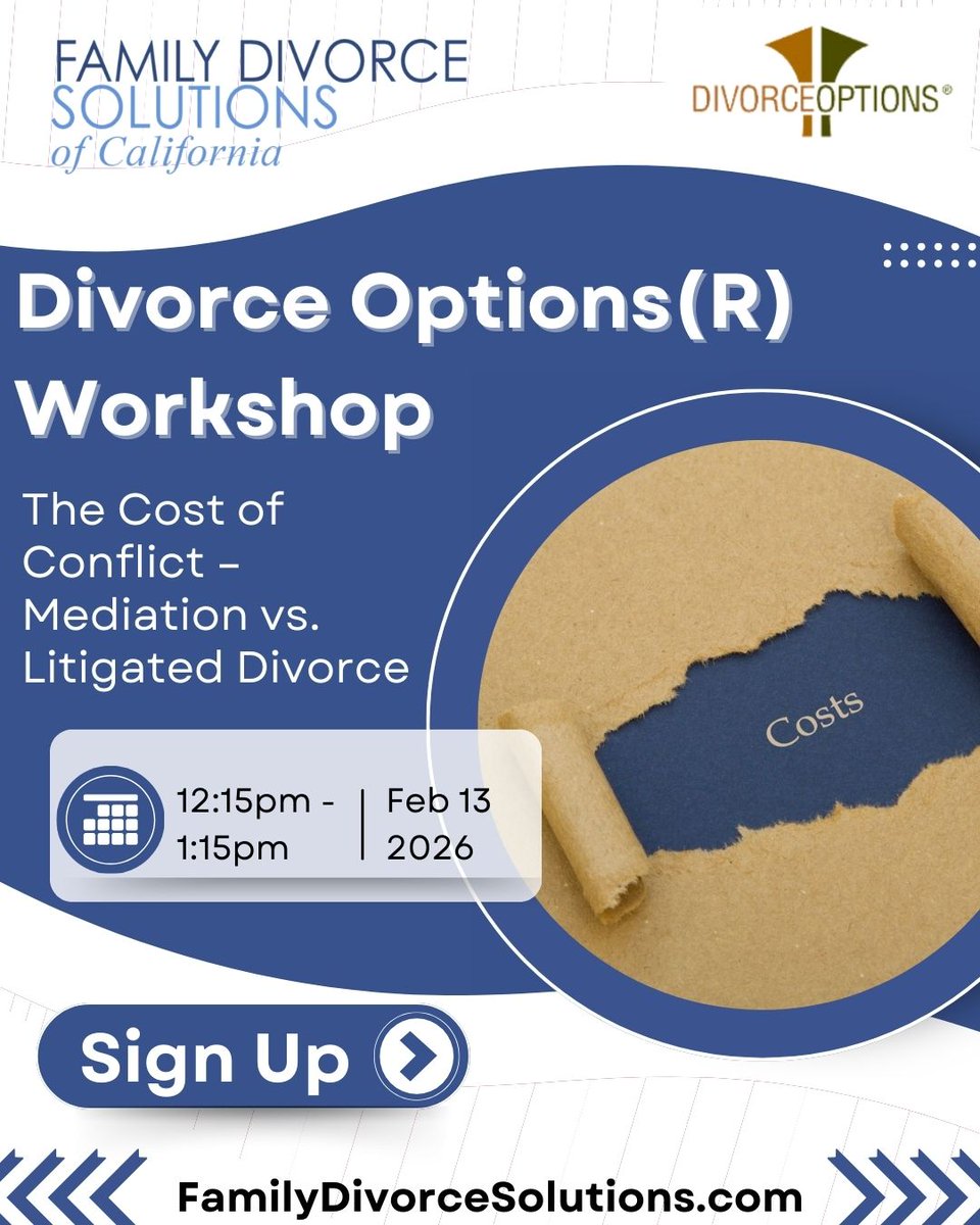 Traditional divorce can drain your wallet — and your sanity.

Mediation keeps the power in your hands. Join our Free Divorce Options® Workshop Feb 6 to see which path fits your family. ow.ly/wPKa50YeXBR

#DivorceHelp #FamilyLaw #DivorceOptions #Mediation
