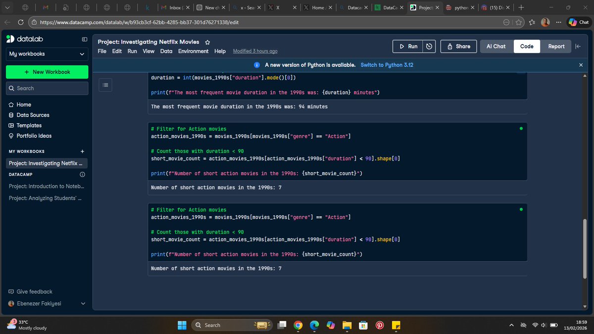Eben82887993's tweet photo. Key insights:
• Most frequent movie duration in the 90s: 94 mins
• Short Action movies (<90 mins): 7
Tools: Python | Pandas | Boolean indexing | Data filtering https://t.co/ZJKDv9oGLN
