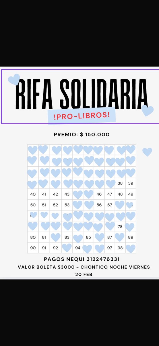 Hola a toda nuestra comunidad sw Estamos haciendo una rifita pro libros para este semestre en la u la boleta vale 3.000 $ y el premio son 150.000 medios de pago nequi 3122476331