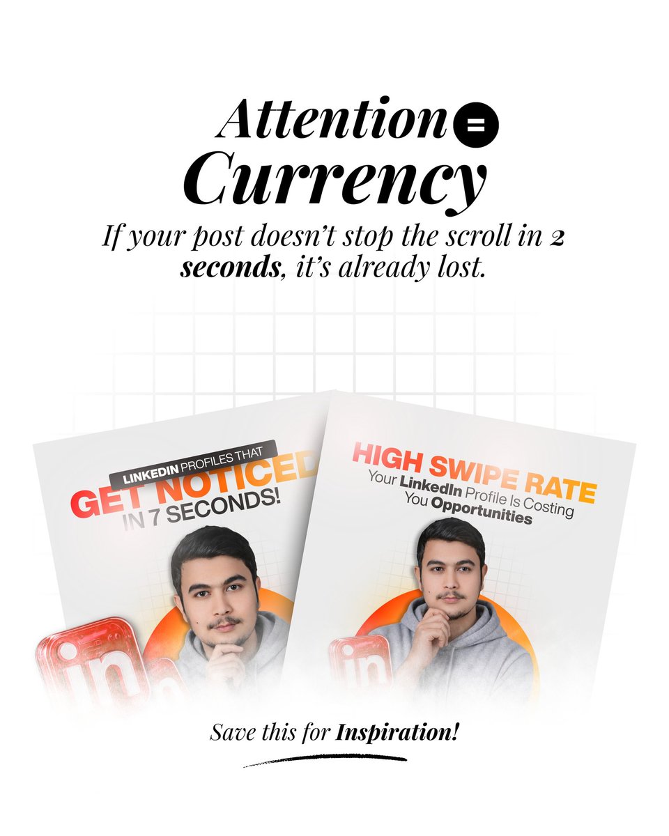Attention is the real currency on LinkedIn. If your content doesn’t hook in the first 2 seconds your audience keeps scrolling.

Want your profile and posts to get noticed faster.

👉 Save this post and DM me to upgrade your LinkedIn presence!

#LinkedInDesigner