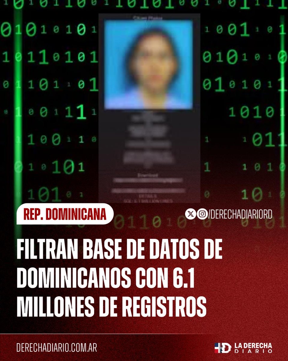 🇩🇴 | Fue filtrada en internet una base de datos con 6.1 millones de registros y 4.1 millones de fotos de ciudadanos dominicanos. La información incluiría números de cédula y otros datos personales sensibles. Hasta el momento no se ha identificado la institución responsable.