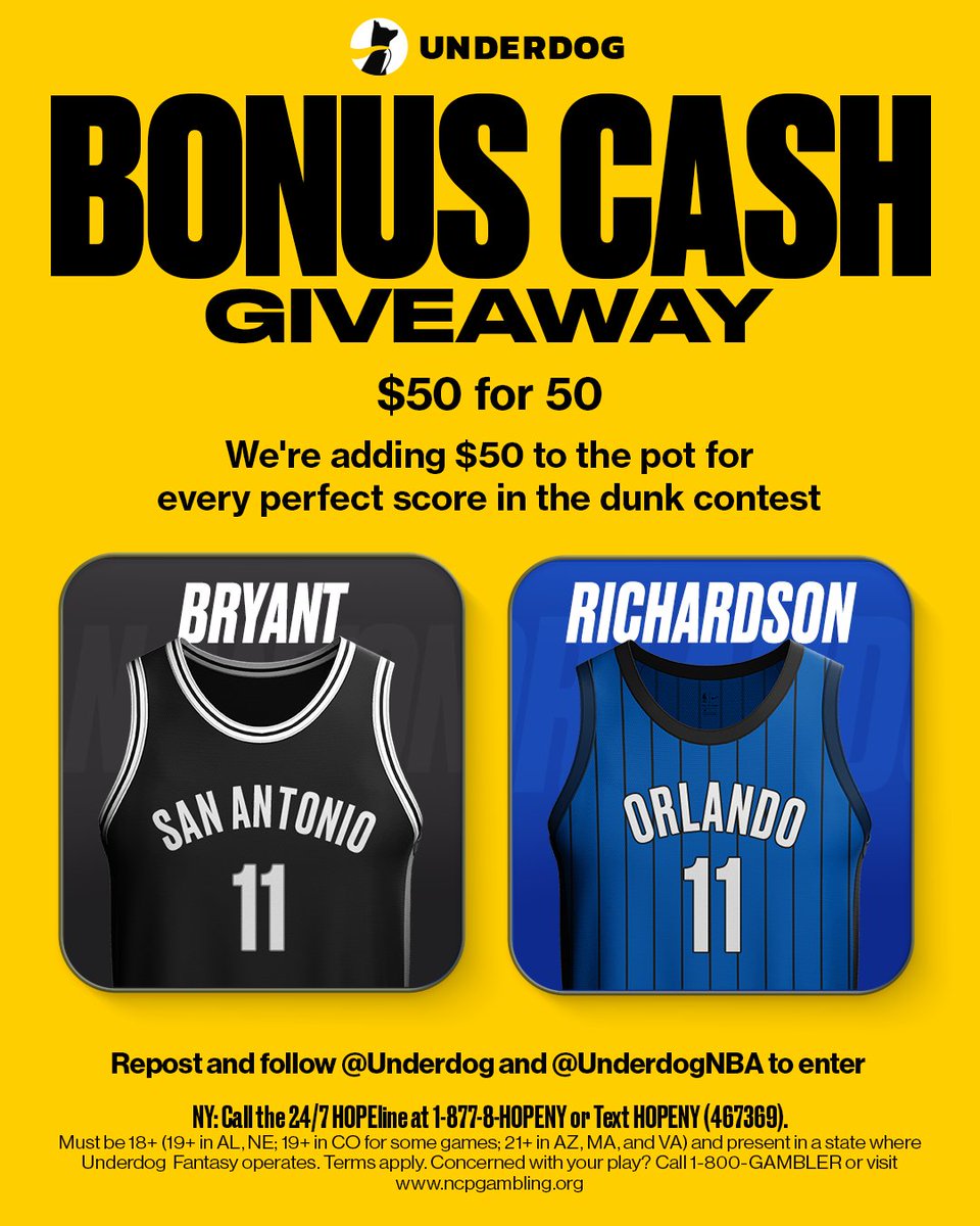 🚨 BONUS CASH GIVEAWAY 🚨

We're adding $50 to the pot for every perfect score in the Dunk Contest tomorrow night💰

To enter...
1⃣ Repost this
2⃣ Follow us <a href="/Underdog/">Underdog</a>
3⃣ Follow <a href="/UnderdogNBA/">Underdog NBA</a>