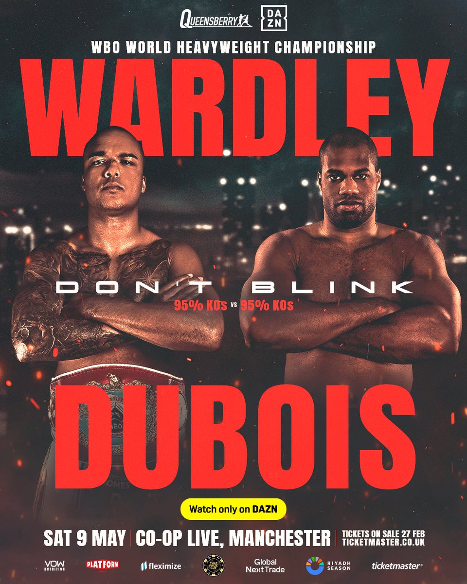 𝐃𝐎𝐍'𝐓 𝐁𝐋𝐈𝐍𝐊 😤🔥

Power meets power when Fabio Wardley defends his WBO World Heavyweight Championship against Daniel Dubois 💥

#WardleyDubois | May 9 | @Cooplive, Manchester | Live on ⁦<a href="/DAZNBoxing/">DAZN Boxing</a>⁩