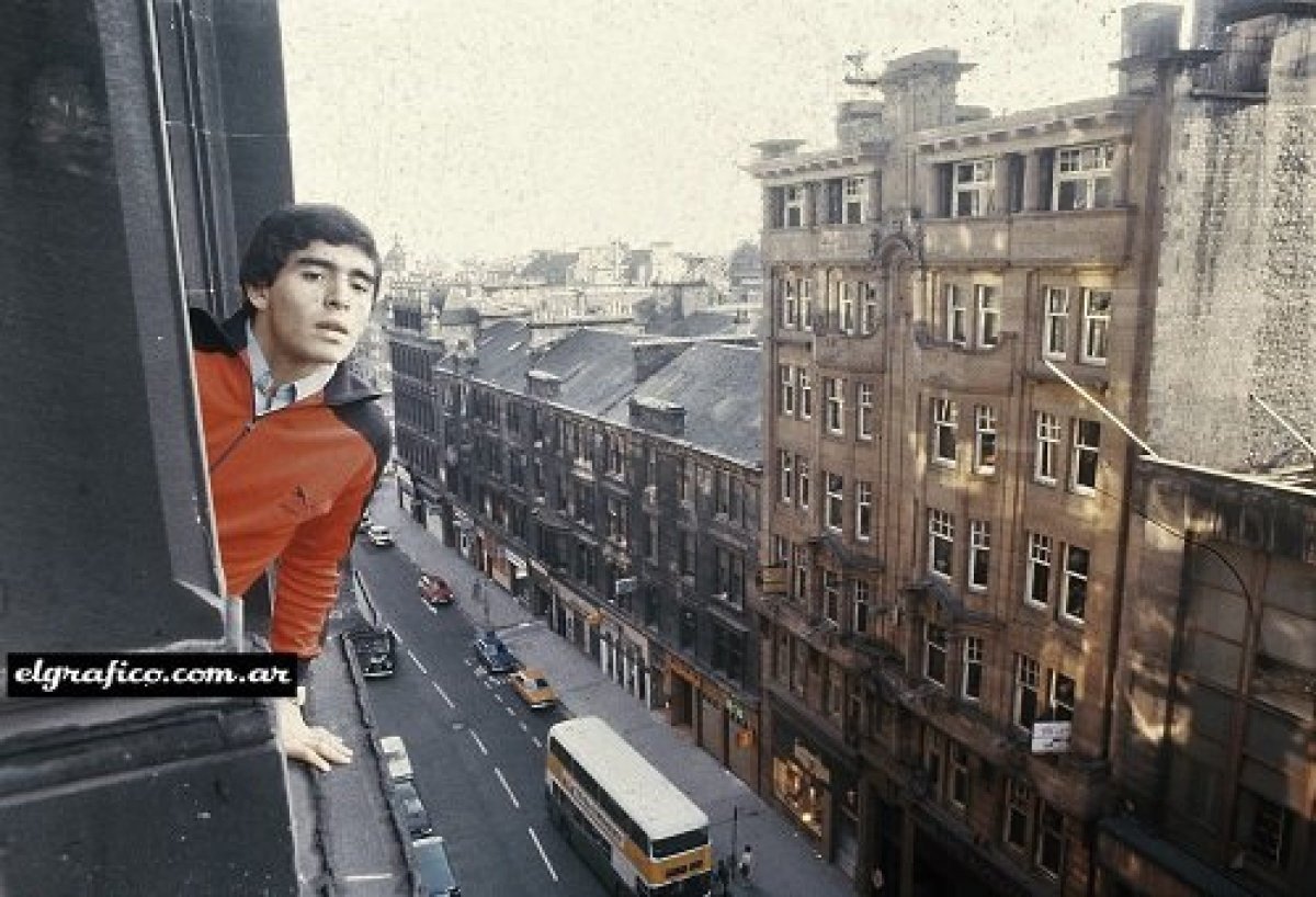 An 18-year-old Diego Maradona looking up Glasgow's Hope Street from a window of the Central Station Hotel, June 1979.