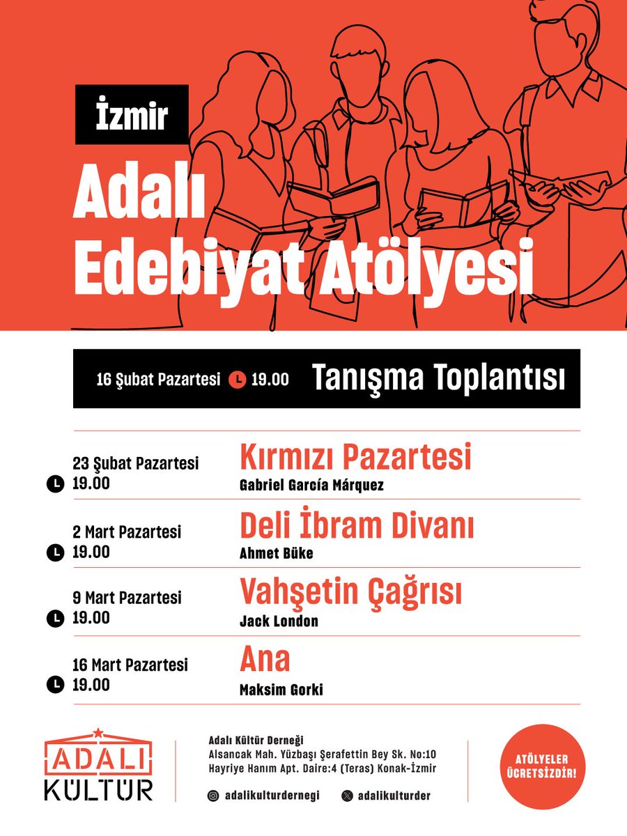 📢İzmir Adalı Kültür Derneği olarak Atölye dizimizi başlatıyoruz!

Atölyelerimiz herkesin katılımına açıktır. Linkteki formu doldurarak veya sosyal medya hesaplarımız üzerinden bize ulaşabilirsiniz.

Tanışma Toplantısı:
forms.gle/kdQn81cxwS4knn…

🗓️16 Şubat Pazartesi 
⏱️19.00