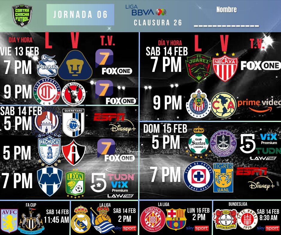 Quiniela Clausura 26
#Jornada6 unete al grupo bit.ly/CCFMXGrupo

Reglas 📏
- Anota tu nombre 
- Tacha tu favorito a Ganar o empate
- Sube en nuestro post quiniela
En redes sociales 

Se amigo en Facebook
bit.ly/3DU6sSQ
Sígueme en X 
bit.ly/3l8sWJX