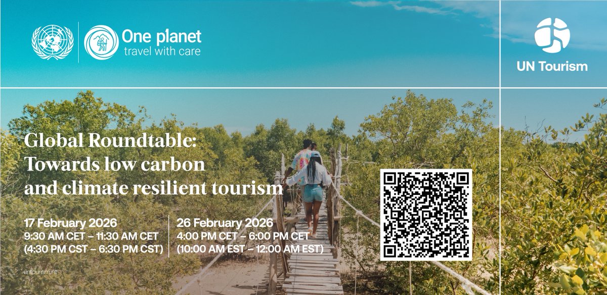 From commitment → to implementation

On Global Tourism Resilience Day, UN Tourism with support of <a href="/UNEP/">UN Environment Programme</a> convenes the
🌍One Planet Global Roundtable: Towards Low Carbon and Climate Resilient Tourism🌍

📅 17 &amp; 26 February 2026

🔗 Register &amp; join us online
oneplanetnetwork.org/programmes/sus…