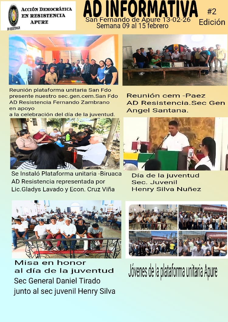 #13Feb26|<a href="/ADemocratica/">Acción Democrática</a>
​Esta semana del 09 al 15 de febrero,la militancia de Acción Democrática en Resistencia se desplegó en San Fdo,Páez y Biruaca
​✅ Reuniones de la Plataforma Unitaria
​✅ Conmemoración del Día de la Juventud
​✅ Actos religiosos y gremiales
<a href="/DANIELTIRAD965/">DANIEL TIRADO</a>