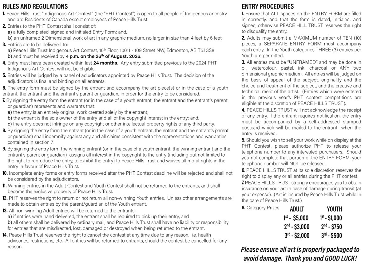 It's arrived! The <a href="/PeaceHillsTrust/">Peace Hills Trust</a> 43rd Indigenous Art Contest.  Happy Friday the 13th and Valentine's Day Eve!  Note the deadline: Aug 26 to get your masterpiece in. That's 6 months of creative time! Good luck to all who enter. #IndigenousArtContest #FirstNationsMetisInuit