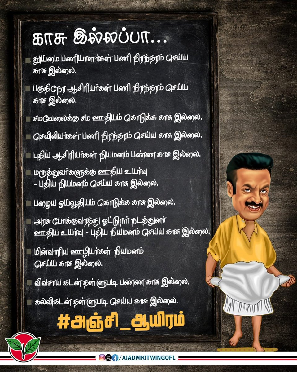 யார், என்ன கேட்டாலும் "காசு இல்லப்பா" என்பார்...

ஆனால், தேர்தல் பயம் வந்தால் #அஞ்சி_ஆயிரம் தருகிறேன் என்பார்!

#DMKFailsTN
#ByeByeStalin 
#EPSfor2026 
#ADMK_KPM