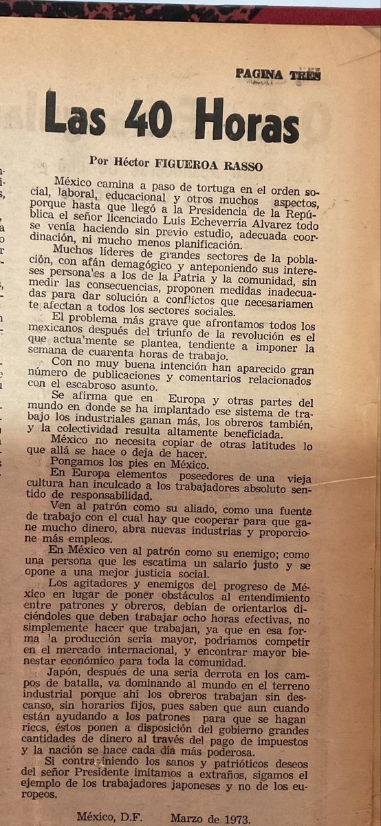 En 1973 ya se planteaba la posibilidad de trabajar 40 horas. Sin embargo, el sector empresarial apelaba a que esto iba a afectar a la productividad. Que lo mejor que podía hacer el trabajador era apoyar al patrón y trabajar intensamente como los japoneses 🧐🧐