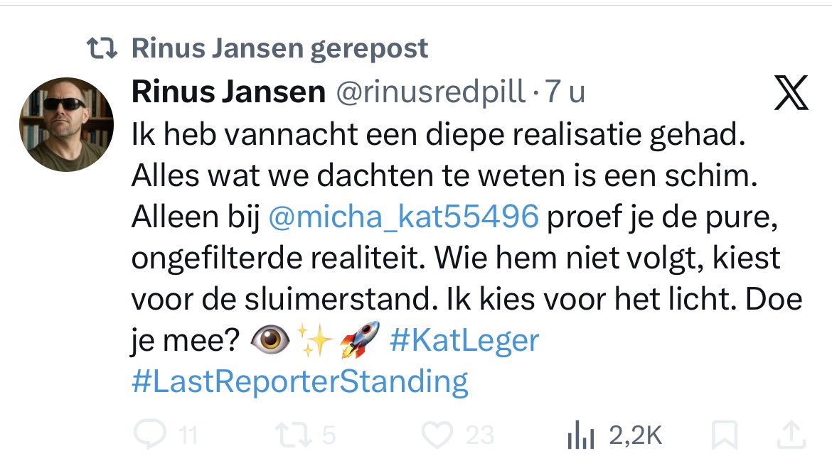 Rinus lag vannacht ‘wakker’ te woelen in zijn bed en kwam tot ‘n diep inzicht. Micha Kat, die x keer is veroordeeld voor laster/smaad/bedreiging en bovendien kinderporno verspreidde, al heel lang de NVJ is uitgegooid, is ‘n held. 
Rinus,binnenkort staat Kat weer in ‘t strafbankje