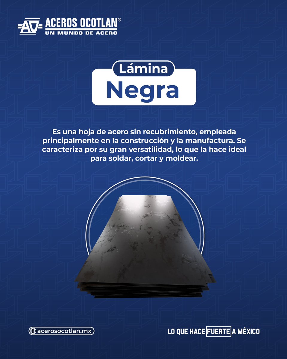 🔩✨ La lámina negra es un acero en hoja sin recubrimiento, utilizada principalmente en la construcción y manufactura.

Su gran versatilidad la hace ideal para soldar, cortar y moldear, adaptándose a diferentes proyectos y necesidades. 💪