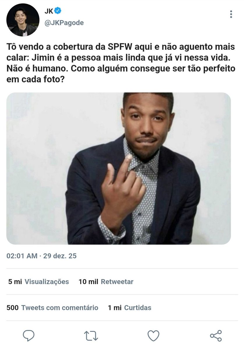 yssa_i0's tweet image. #jikookau pagode beat, model's step 

Jungkook, rei do pagode, posta tweet falando sobre Jimin. O problema? Esqueceu que estava no perfil oficial, agora o Brasil inteiro sabe do crush no modelo.