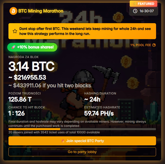 letsmineit's tweet image. 🚨#Mining maraton it's almost half full for next #bitcoin block! ⛏️⛏️⛏️Team work! 16h left to grab Your tickets for this train!🚀🚀🚀