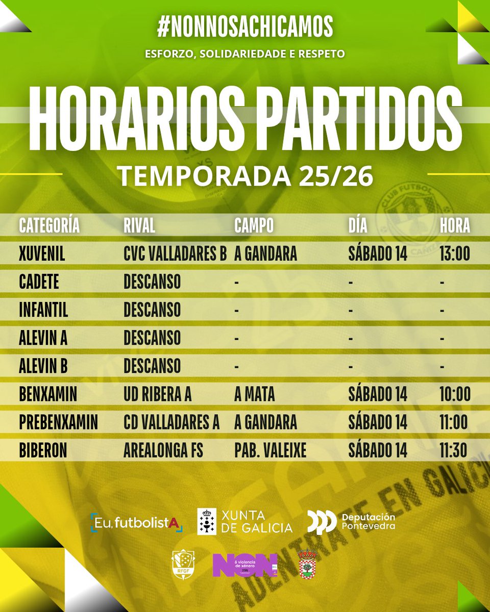𝗛𝗢𝗥𝗔𝗥𝗜𝗢𝗦 𝗣𝗔𝗥𝗧𝗜𝗗𝗢𝗦 ⏰

•𝚇𝚄𝚅𝙴𝙽𝙸𝙻:Liga,X6
•𝙲𝙰𝙳𝙴𝚃𝙴:Descanso
•𝙸𝙽𝙵𝙰𝙽𝚃𝙸𝙻:Descanso 
•𝙰𝙻𝙴𝚅𝙸𝙽 𝙰:Descanso
•𝙰𝙻𝙴𝚅𝙸𝙽 𝙱:Descanso
•𝙱𝙴𝙽𝚇𝙰𝙼𝙸𝙽:Liga,X5
•𝙿𝚁𝙴𝙱𝙴𝙽𝚇𝙰𝙼𝙸𝙽:Liga,X5
•𝙱𝙸𝙱𝙴𝚁𝙾𝙽:Liga,X6

💛🖤💚🤍

#cfc #cfcañiza