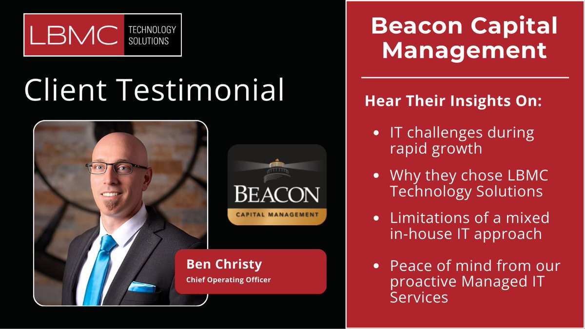 lbmctech's tweet image. Growing businesses need IT that scales securely.

See how Beacon strengthened cybersecurity, simplified systems, and gained peace of mind by partnering with LBMC Technology Solutions for Managed IT Services.

lbmctech.com/managed-it-ser…
#ManagedITServices #Cybersecurity #LBMCTech