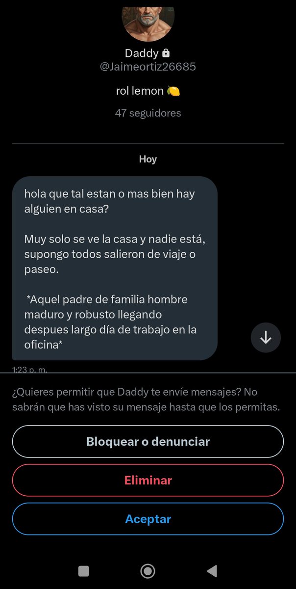 Imagínense una queriendo hacer su cuenta lo más atractiva, estética y agradable a la vista, para recibir (diariamente) cosas como esta en el DM.

Primero, es un dibujo. Segundo, el @ con más números que letras, y del texto mejor ni hablo porque me banean.

En fin, cualquier cosa.