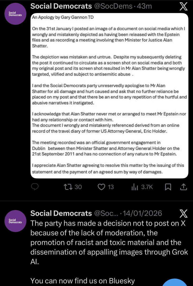 Last month the SocDems announced they were leaving X due to ‘the promotion of racist and toxic material’ on the platform. 

Today they have had to return to the site to issue an apology to Alan Shatter for a social media post that falsely purported he met with Epstein.