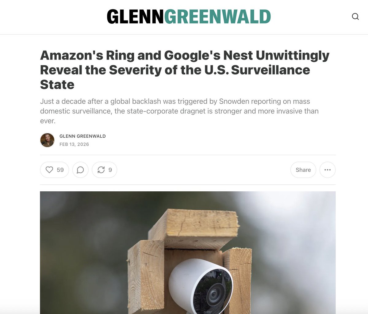 ggreenwald's tweet photo. Amazon's Ring and Google's Nest Unwittingly Reveal the Severity of the U.S. Surveillance State

https://t.co/1QIUj2fuG2 https://t.co/Ctz07atgdp