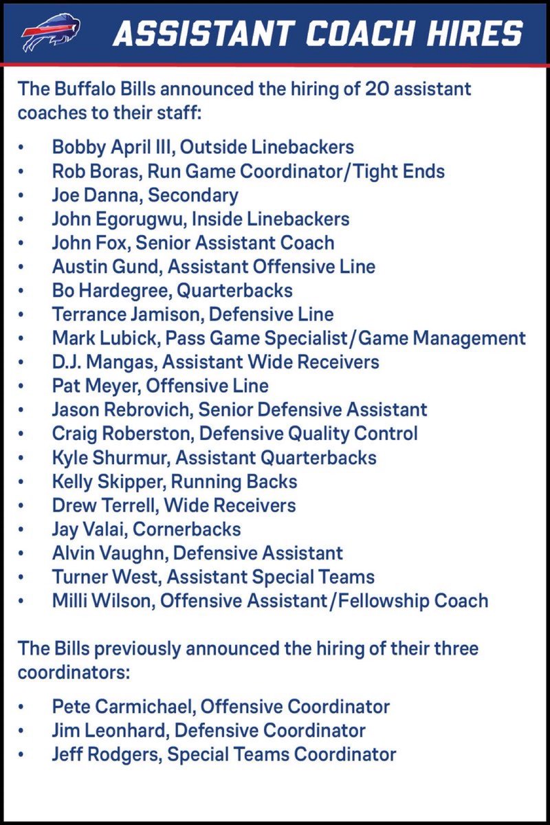 Bills hired former veteran head coach John Fox as a Senior Assistant Coach.