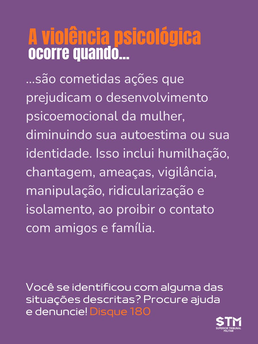 Violência psicológica contra a mulher é crime (Lei 14.188/21). Ela não deixa marcas no corpo, mas aprisiona a mulher em um ciclo de medo e baixa autoestima. Mina a confiança e tenta apagar quem a mulher é. 

📞 Precisa de ajuda? Ligue 180.

#5TiposdeViolênciacontraaMulher
